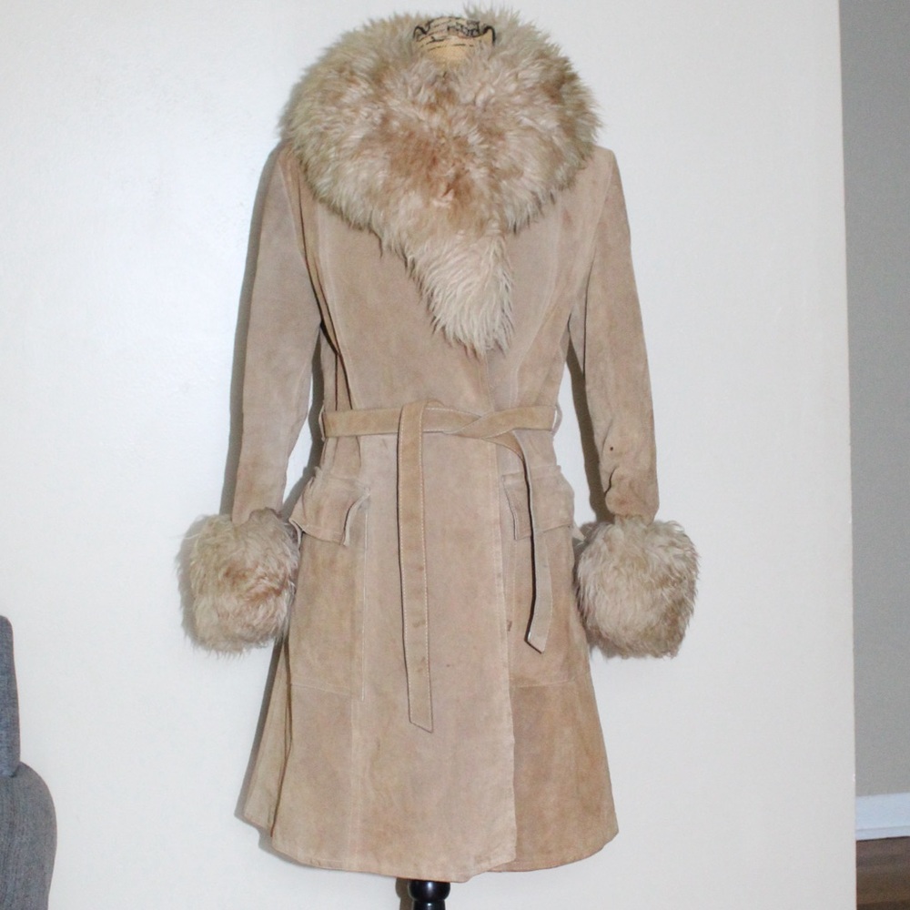 Vintage Gastown Talk Ltd. Tan Suede Faux Fur Penny Lane Belted Coat S
